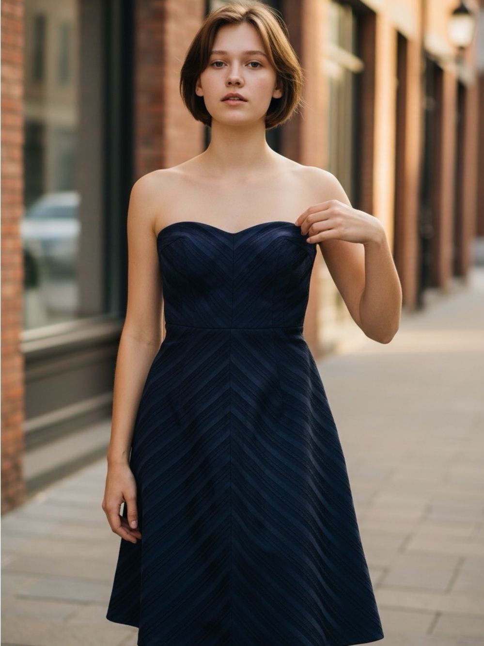 Piazza Sempione Strapless Navy & Black Chevron A-Line Dress IT 42